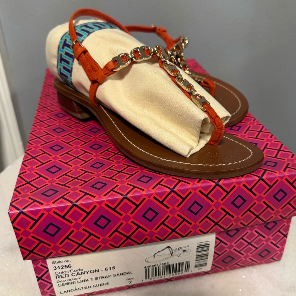New Tory Burch Shoes Sandals Gemini link T Strap Size 7 Thong Red Canyon
